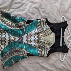 Bebe Black Peplum Top with Gold Sequin Detail